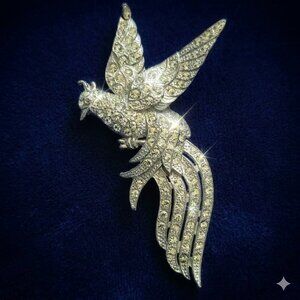 Vintage Bird of Paradise Brooch Rhinestone 1950s Silver Tone Pave Statement Pin